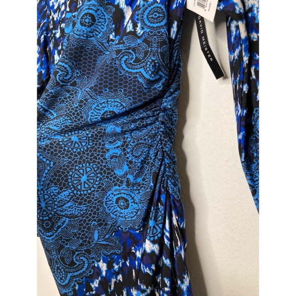 David Meister Dress Blue & Black Leopard Medallion Side Ruching Size 8 NEW - Picture 6 of 12
